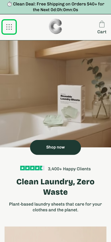 Hamburger → panel opened — Navi+ on the Cama Shopify theme Hamburger → panel opened — Navi+ on the Cama Shopify theme