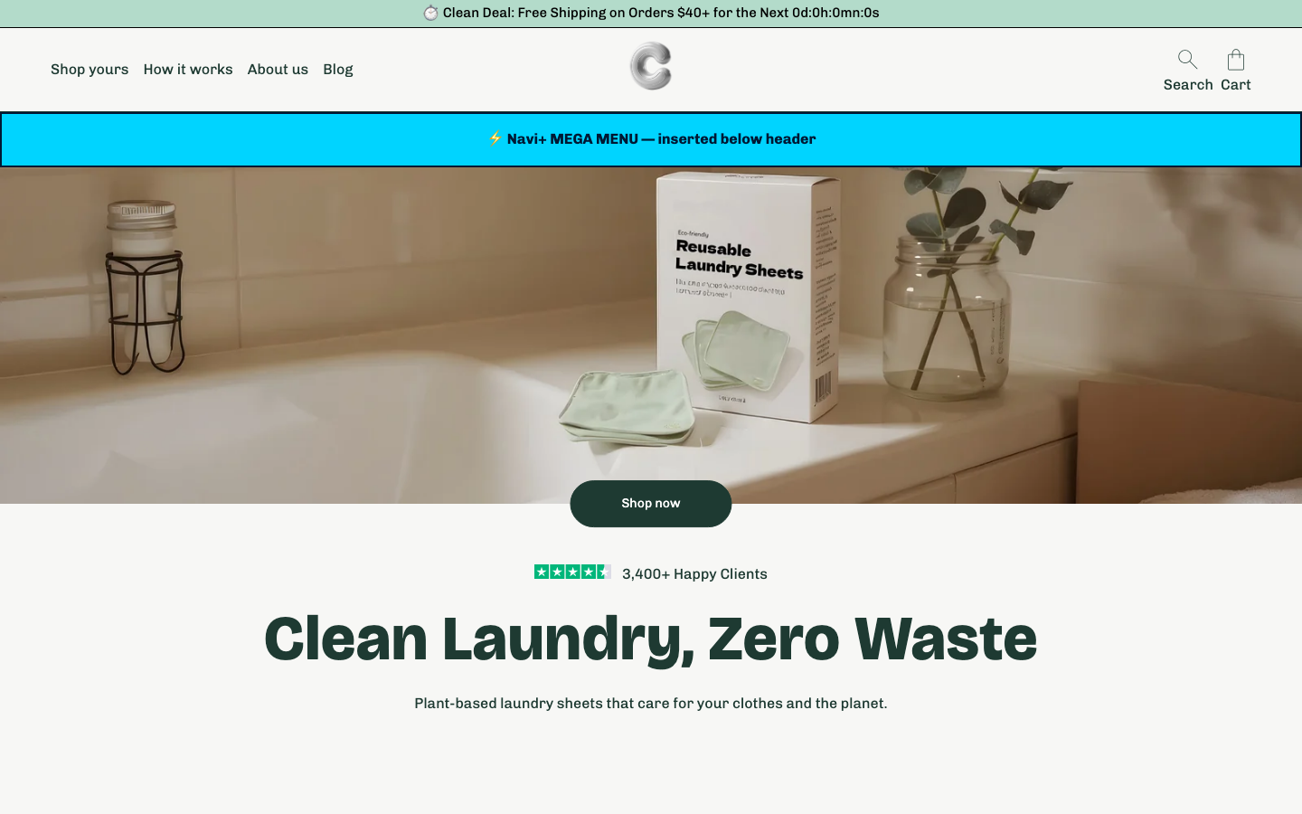 Menu inserted below header — Navi+ on the Cama Shopify theme Menu inserted below header — Navi+ on the Cama Shopify theme