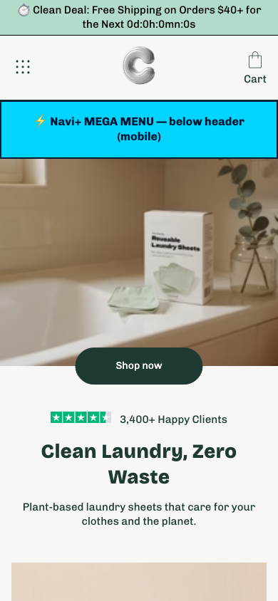 Menu inserted below header — Navi+ on the Cama Shopify theme Menu inserted below header — Navi+ on the Cama Shopify theme
