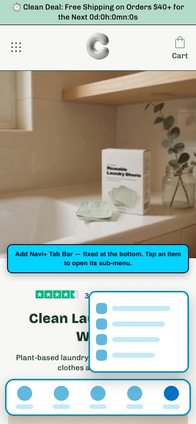 Navi+ Tab Bar on the Cama Shopify theme Navi+ Tab Bar on the Cama Shopify theme