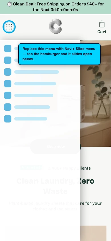 Navi+ Slide Menu on the Cama Shopify theme Navi+ Slide Menu on the Cama Shopify theme