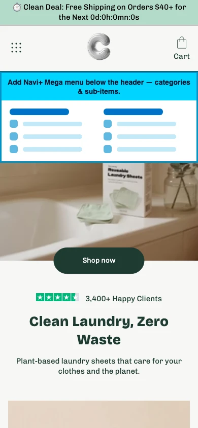 Navi+ mobile Mega Menu on the Cama Shopify theme Navi+ mobile Mega Menu on the Cama Shopify theme