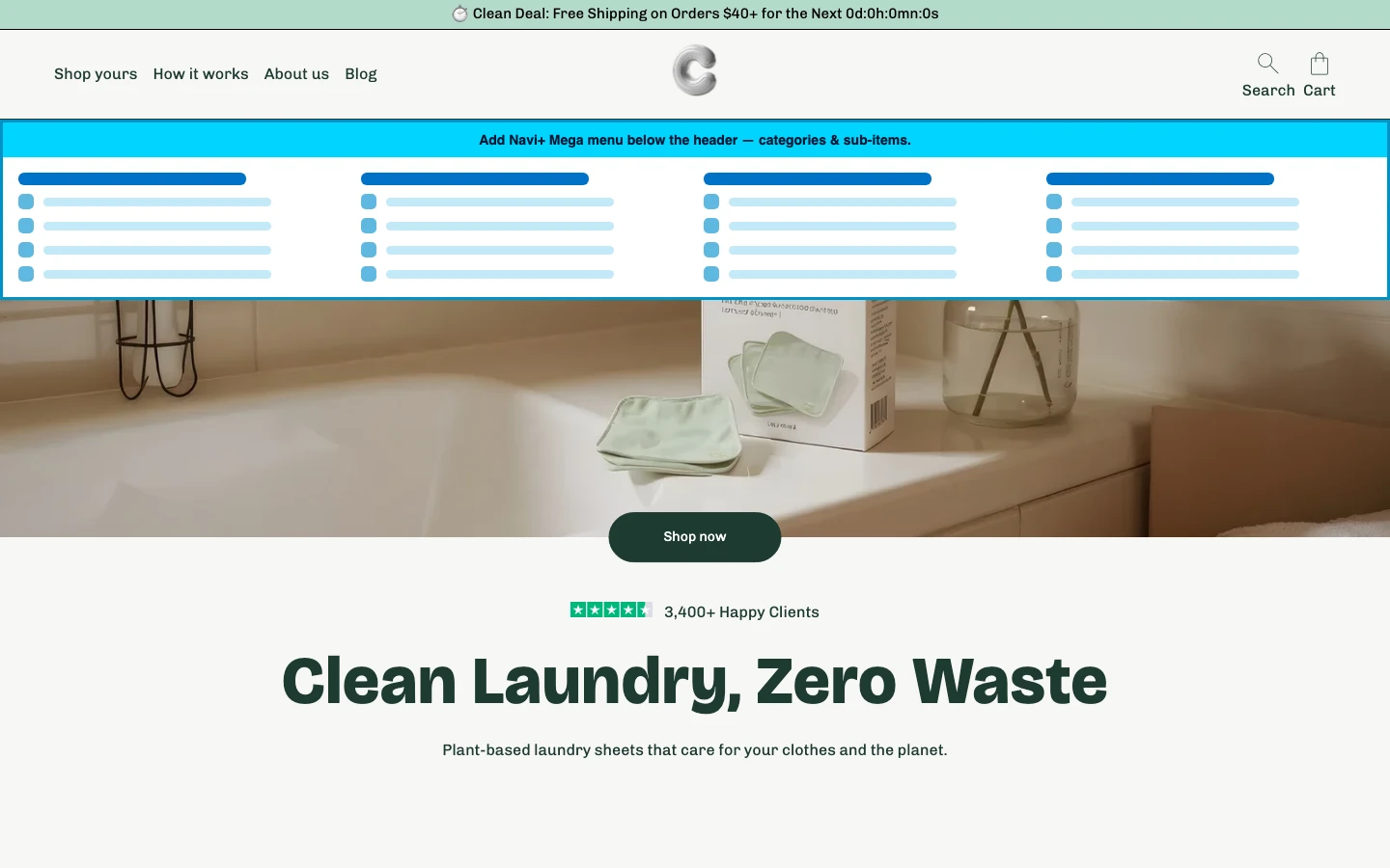 Navi+ Mega Menu inserted below the header on the Cama Shopify theme Navi+ Mega Menu inserted below the header on the Cama Shopify theme