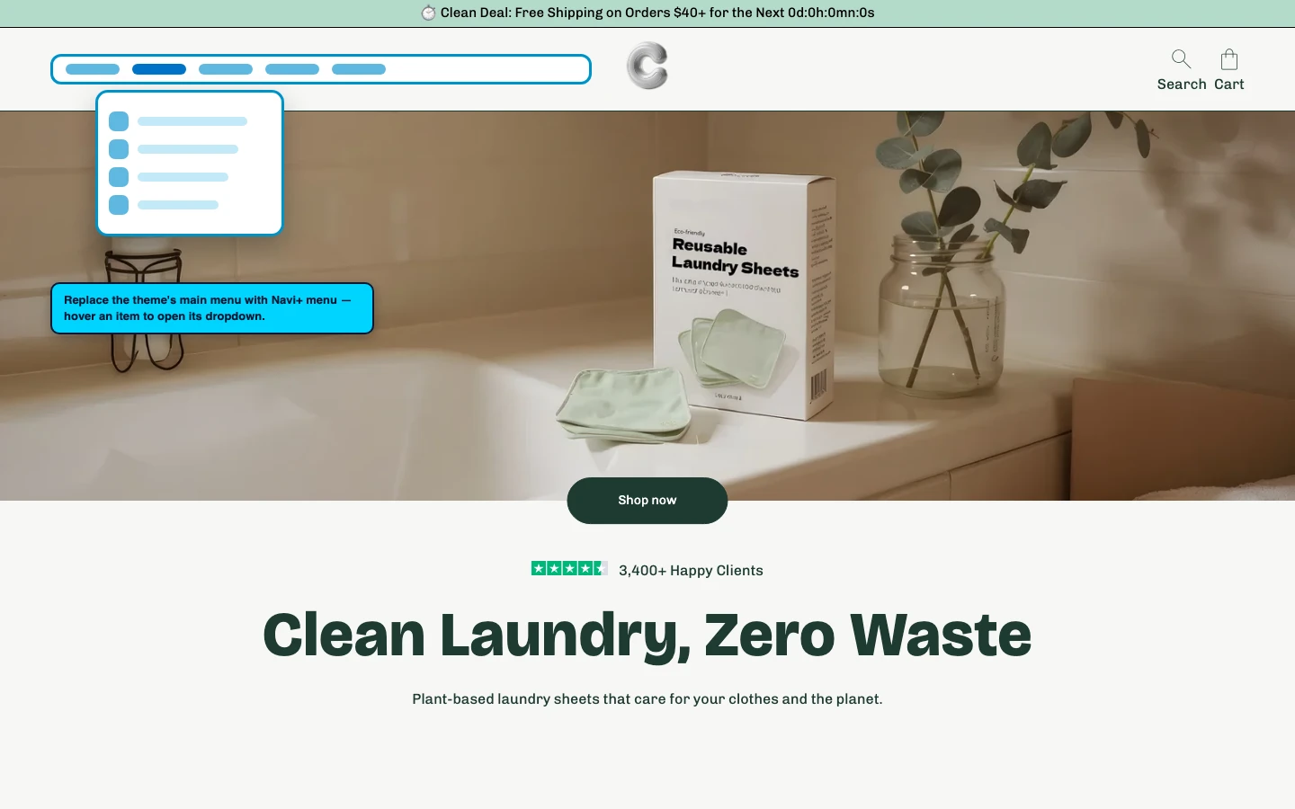 Navi+ Mega Menu replacing the desktop menu on the Cama Shopify theme Navi+ Mega Menu replacing the desktop menu on the Cama Shopify theme