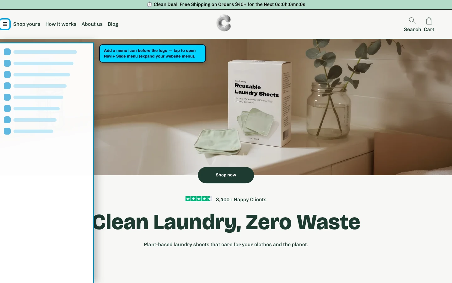 Navi+ trigger icon before the logo on the Cama Shopify theme Navi+ trigger icon before the logo on the Cama Shopify theme