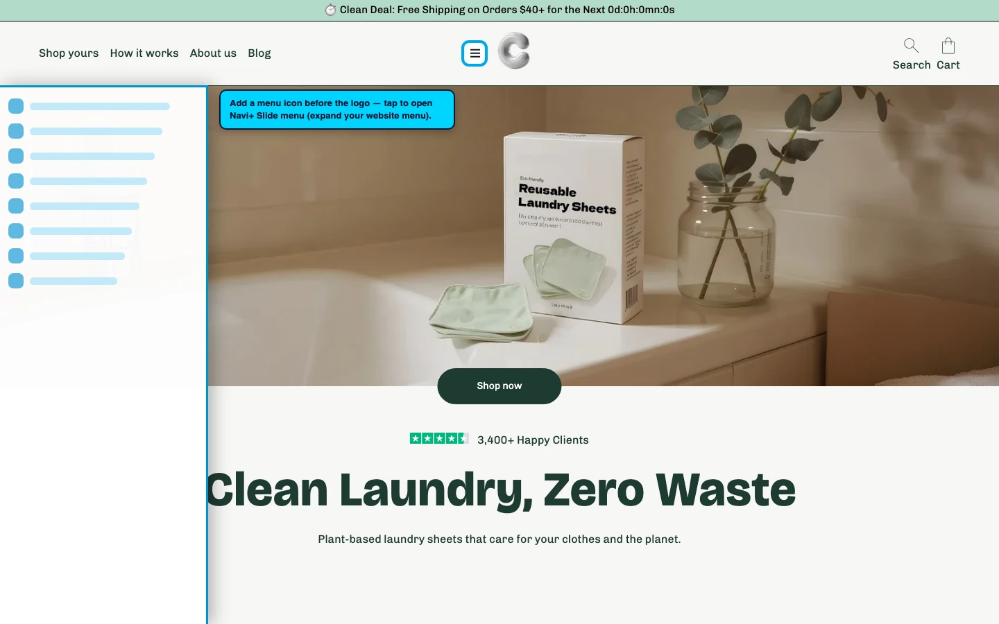Navi+ trigger icon before the logo on the Cama Shopify theme Navi+ trigger icon before the logo on the Cama Shopify theme