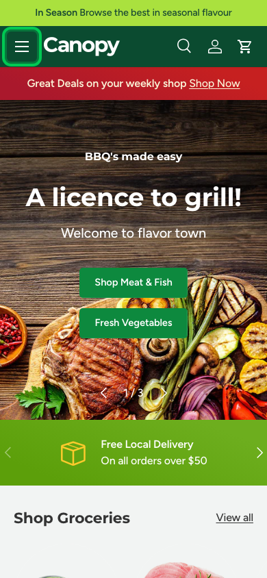 Hamburger → panel opened — Navi+ on the Canopy Shopify theme