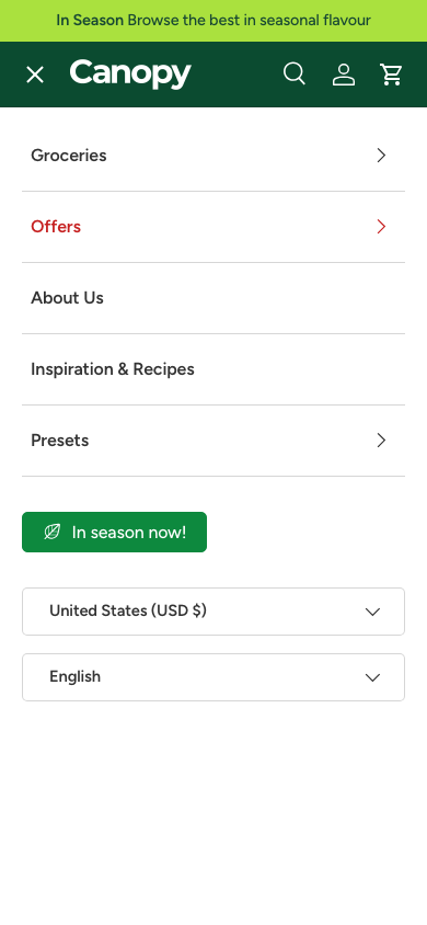 Hamburger → panel opened — Navi+ on the Canopy Shopify theme