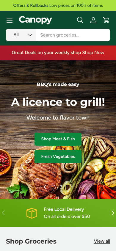 Search → panel opened — Navi+ on the Canopy Shopify theme