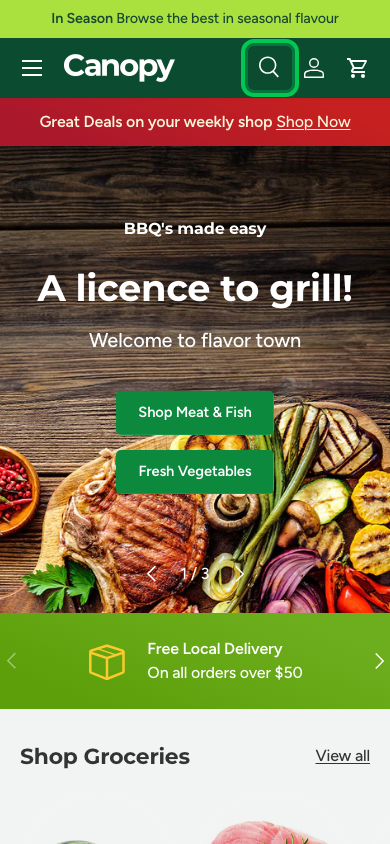 Search → panel opened — Navi+ on the Canopy Shopify theme
