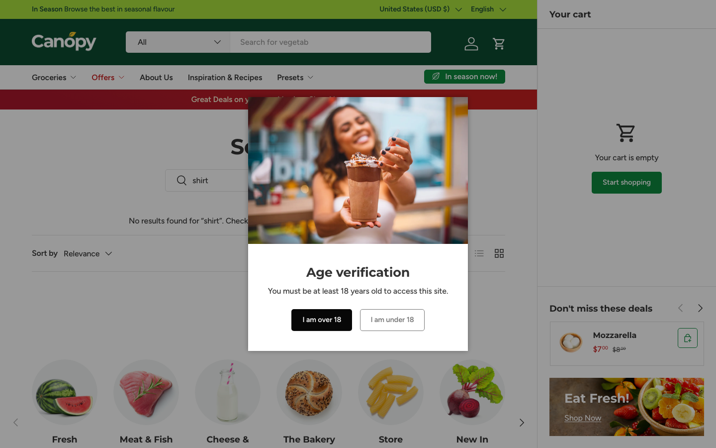 Search → panel opened — Navi+ on the Canopy Shopify theme