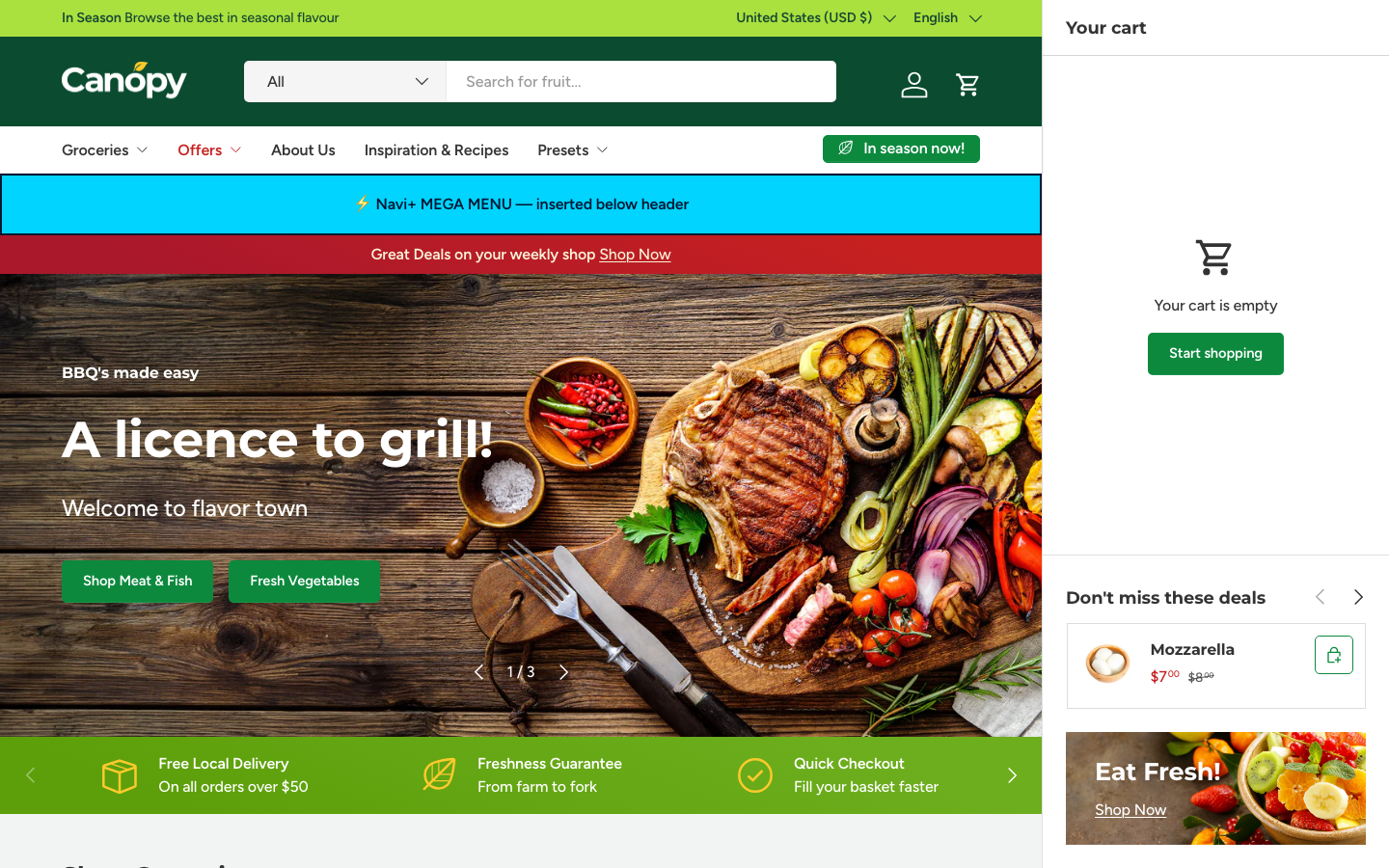 Menu inserted below header — Navi+ on the Canopy Shopify theme