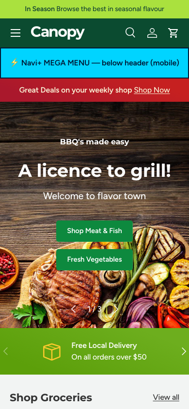 Menu inserted below header — Navi+ on the Canopy Shopify theme