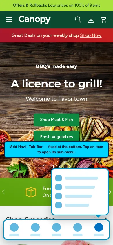 Navi+ Tab Bar on the Canopy Shopify theme