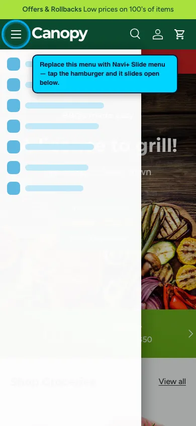 Navi+ Slide Menu on the Canopy Shopify theme