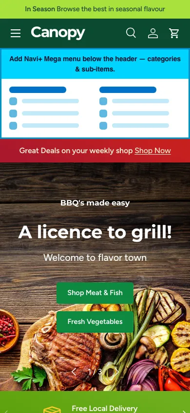 Navi+ mobile Mega Menu on the Canopy Shopify theme