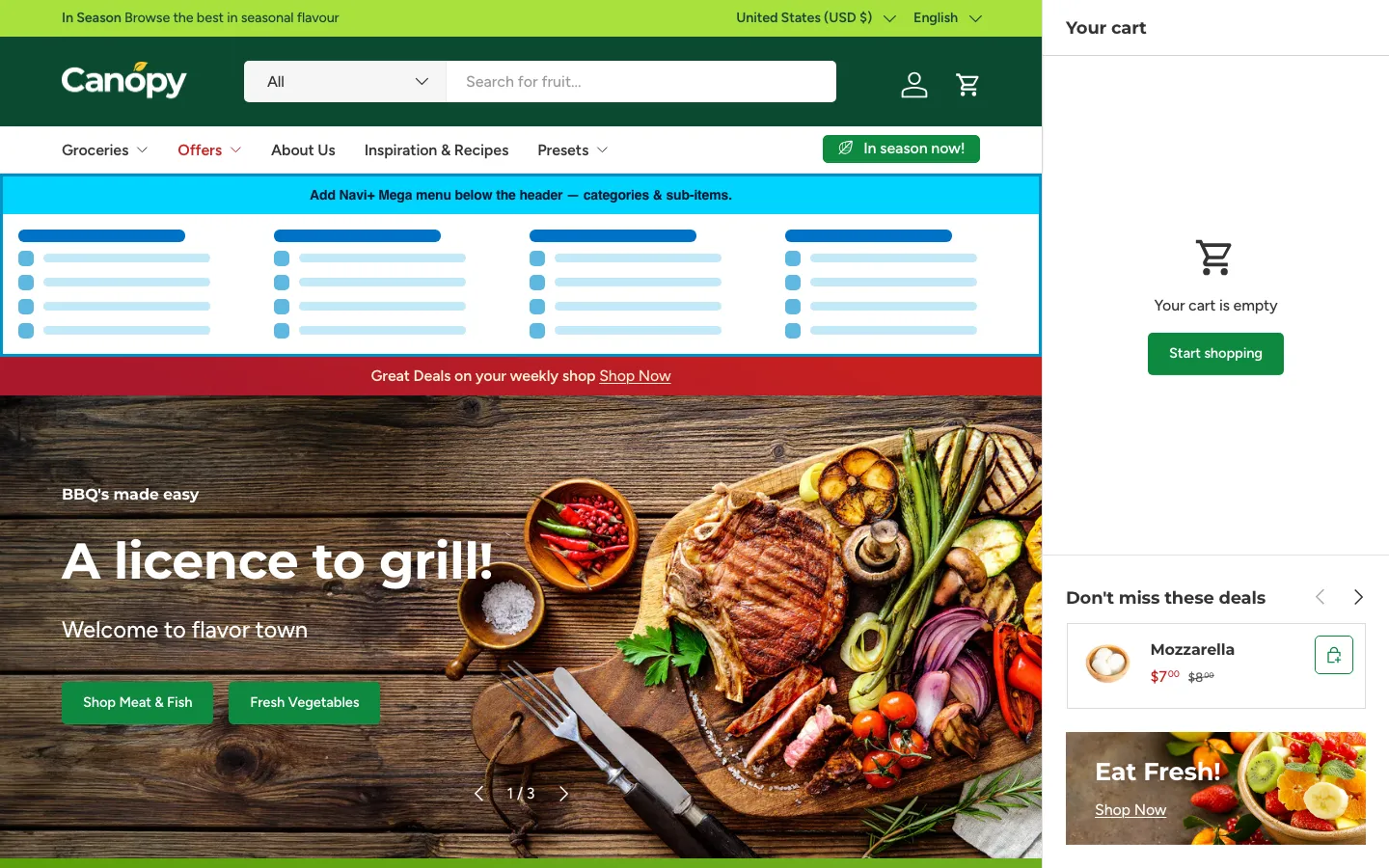Navi+ Mega Menu inserted below the header on the Canopy Shopify theme