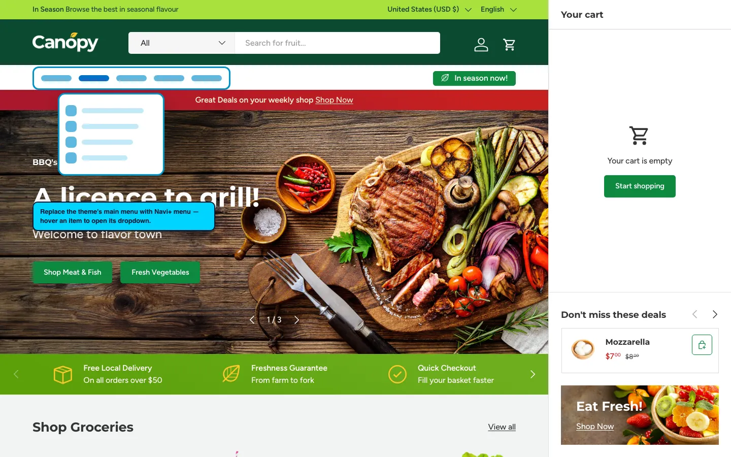 Navi+ Mega Menu replacing the desktop menu on the Canopy Shopify theme