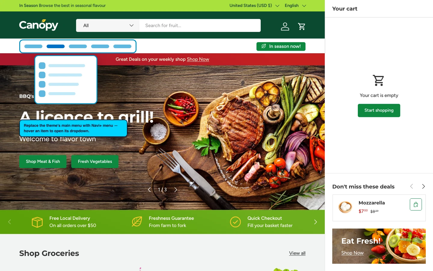 Navi+ Mega Menu replacing the desktop menu on the Canopy Shopify theme Navi+ Mega Menu replacing the desktop menu on the Canopy Shopify theme