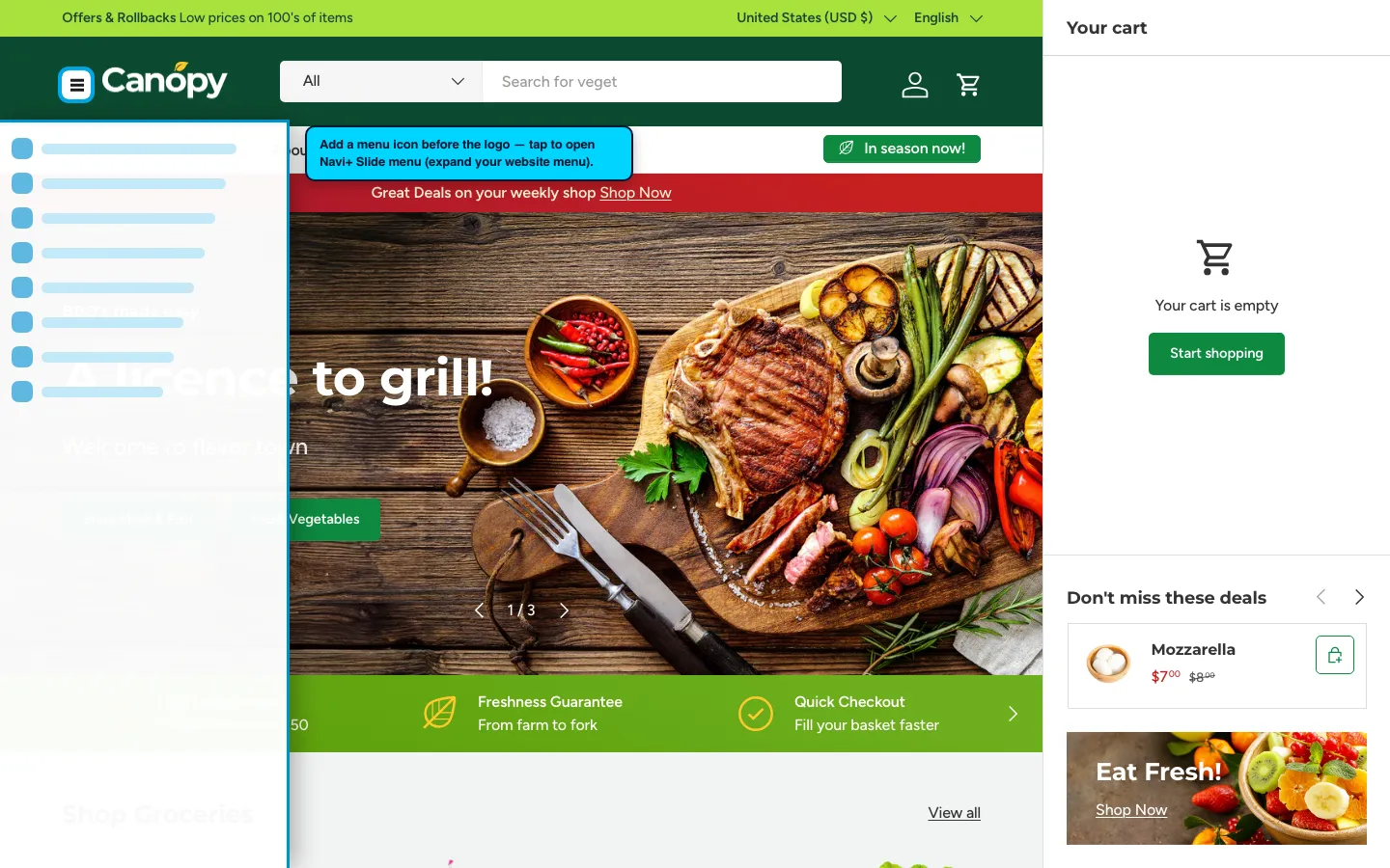 Navi+ trigger icon before the logo on the Canopy Shopify theme