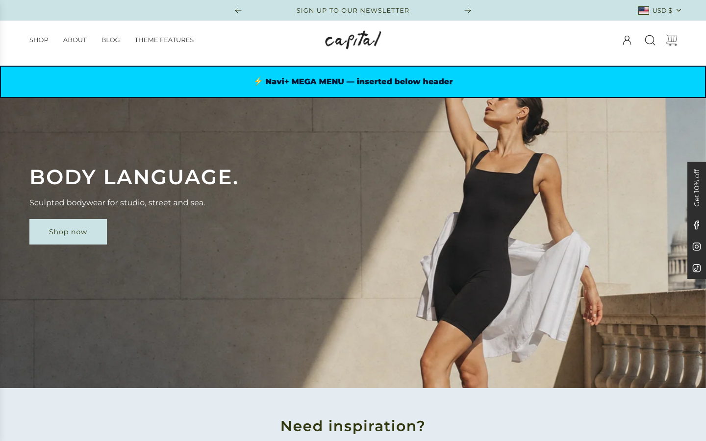 Menu inserted below header — Navi+ on the Capital Shopify theme Menu inserted below header — Navi+ on the Capital Shopify theme