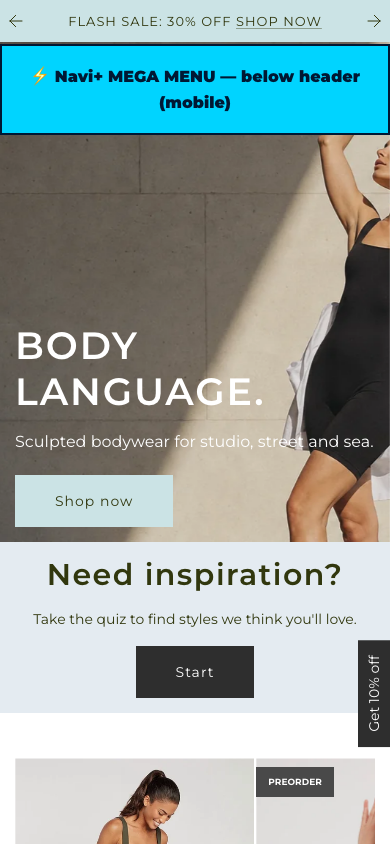 Menu inserted below header — Navi+ on the Capital Shopify theme Menu inserted below header — Navi+ on the Capital Shopify theme