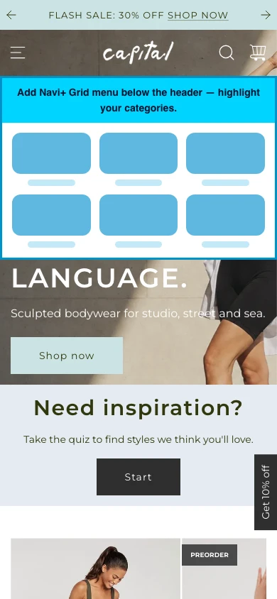 Navi+ Grid Menu on the Capital Shopify theme Navi+ Grid Menu on the Capital Shopify theme