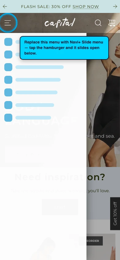 Navi+ Slide Menu on the Capital Shopify theme Navi+ Slide Menu on the Capital Shopify theme