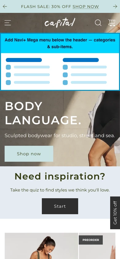 Navi+ mobile Mega Menu on the Capital Shopify theme Navi+ mobile Mega Menu on the Capital Shopify theme