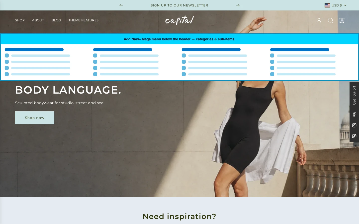 Navi+ Mega Menu inserted below the header on the Capital Shopify theme Navi+ Mega Menu inserted below the header on the Capital Shopify theme