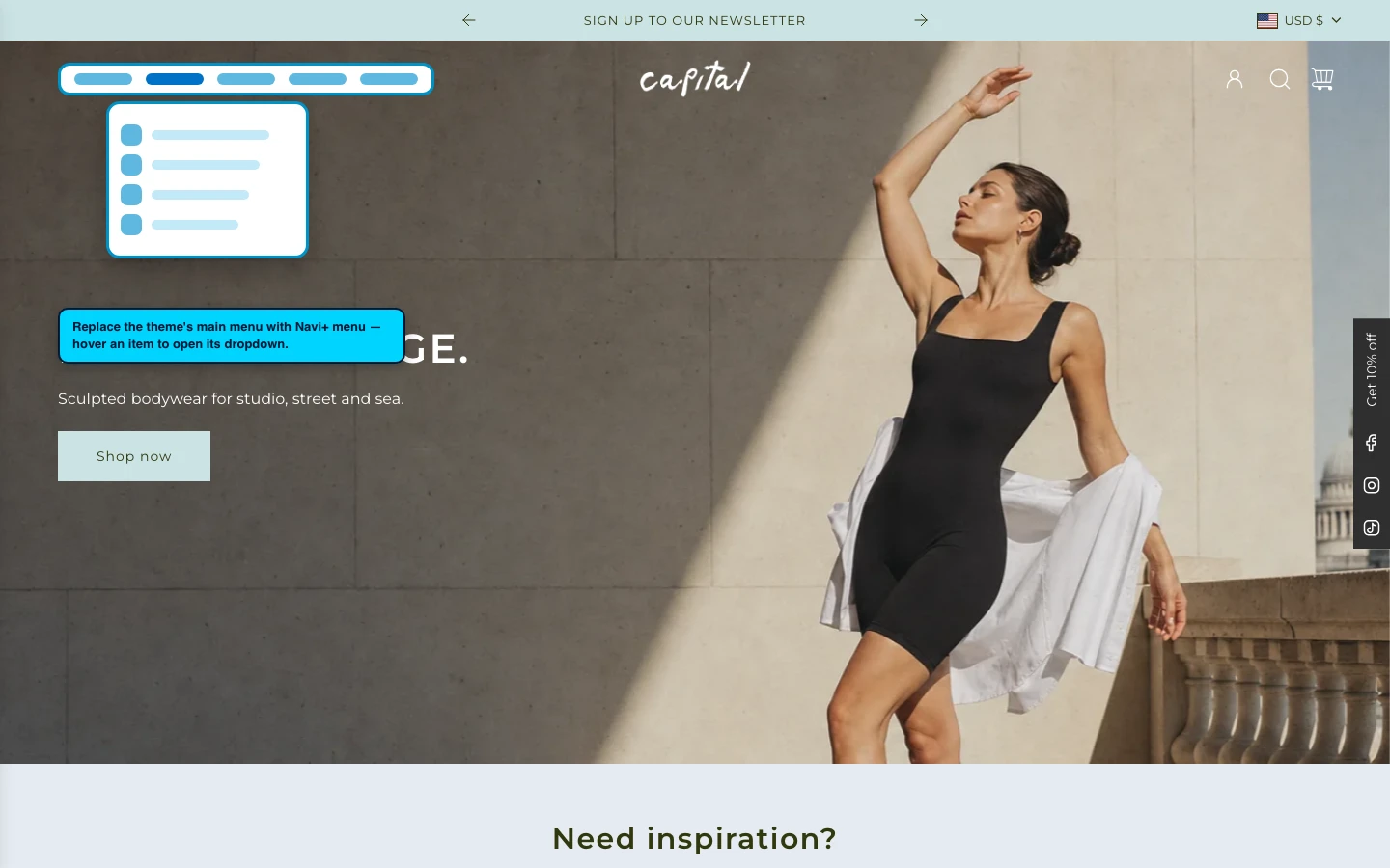 Navi+ Mega Menu replacing the desktop menu on the Capital Shopify theme Navi+ Mega Menu replacing the desktop menu on the Capital Shopify theme