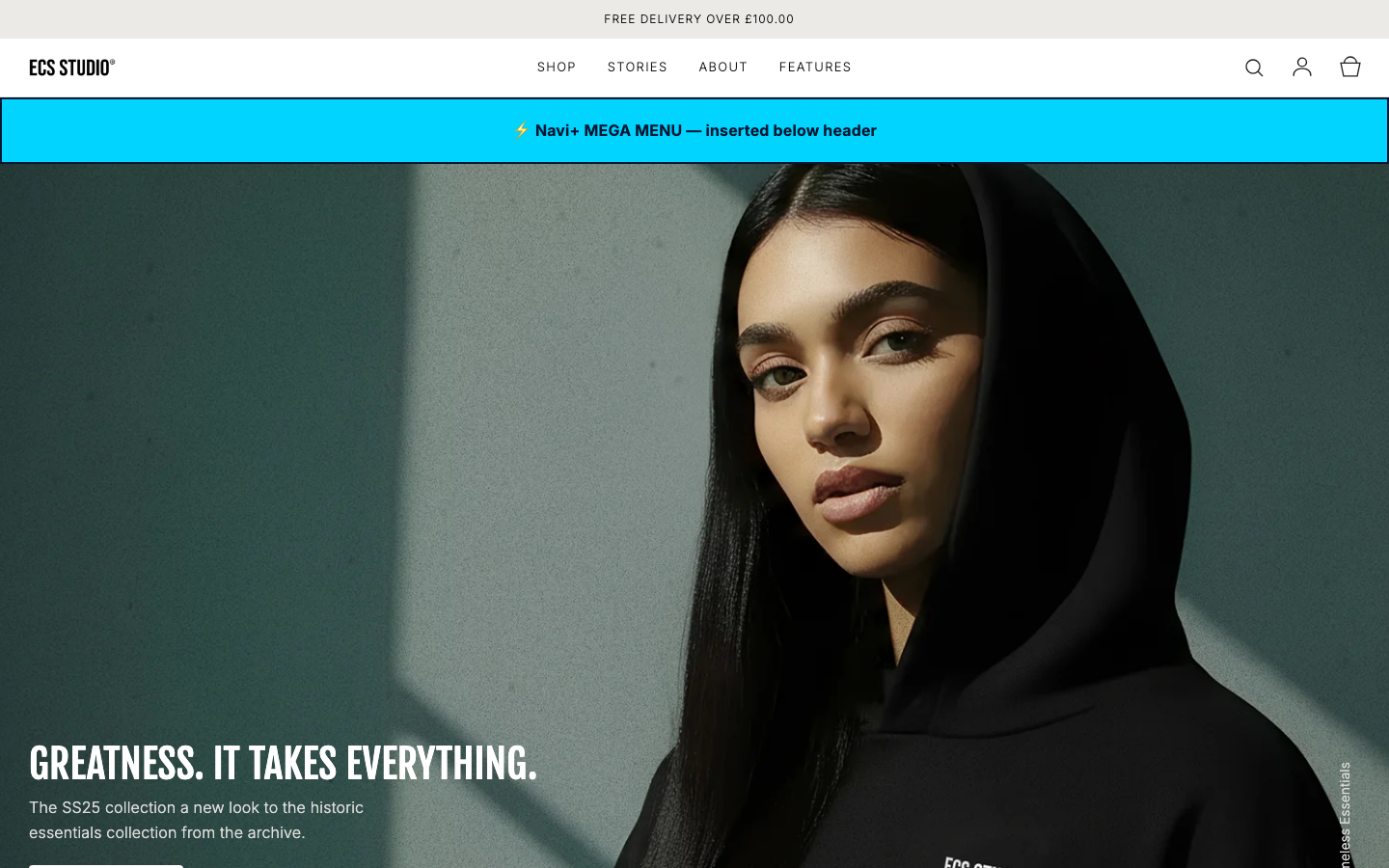 Menu inserted below header — Navi+ on the Carbon Shopify theme Menu inserted below header — Navi+ on the Carbon Shopify theme