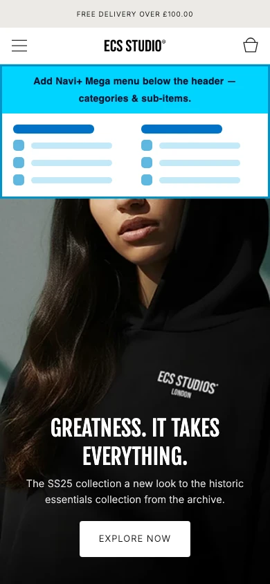 Navi+ mobile Mega Menu on the Carbon Shopify theme Navi+ mobile Mega Menu on the Carbon Shopify theme