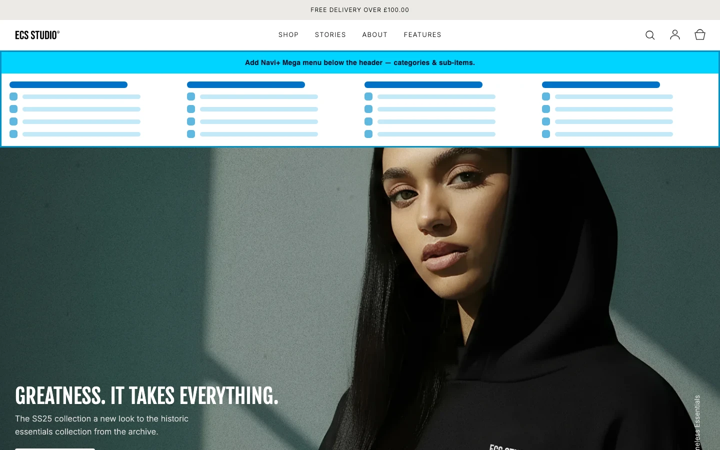 Navi+ Mega Menu inserted below the header on the Carbon Shopify theme Navi+ Mega Menu inserted below the header on the Carbon Shopify theme