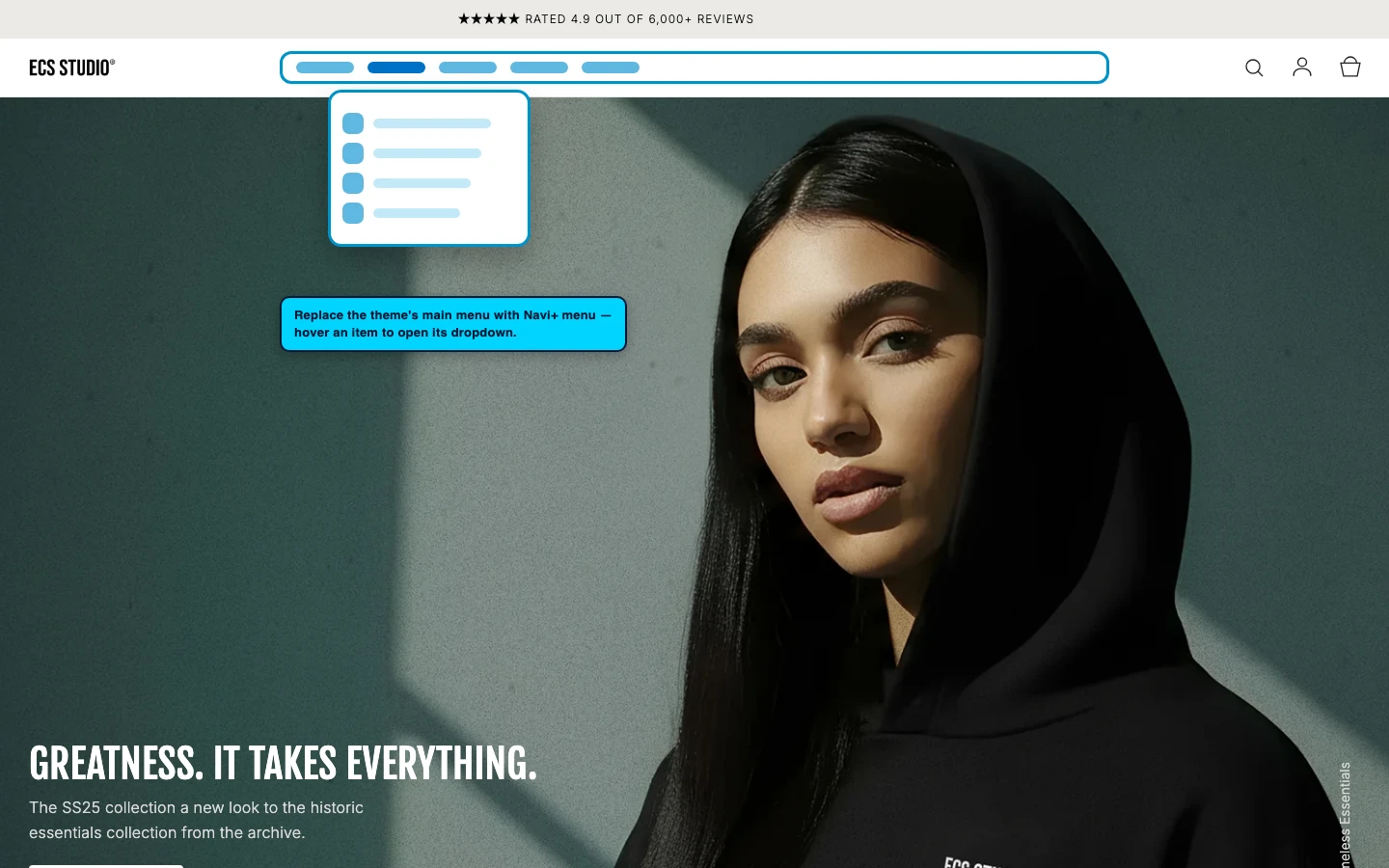 Navi+ Mega Menu replacing the desktop menu on the Carbon Shopify theme Navi+ Mega Menu replacing the desktop menu on the Carbon Shopify theme