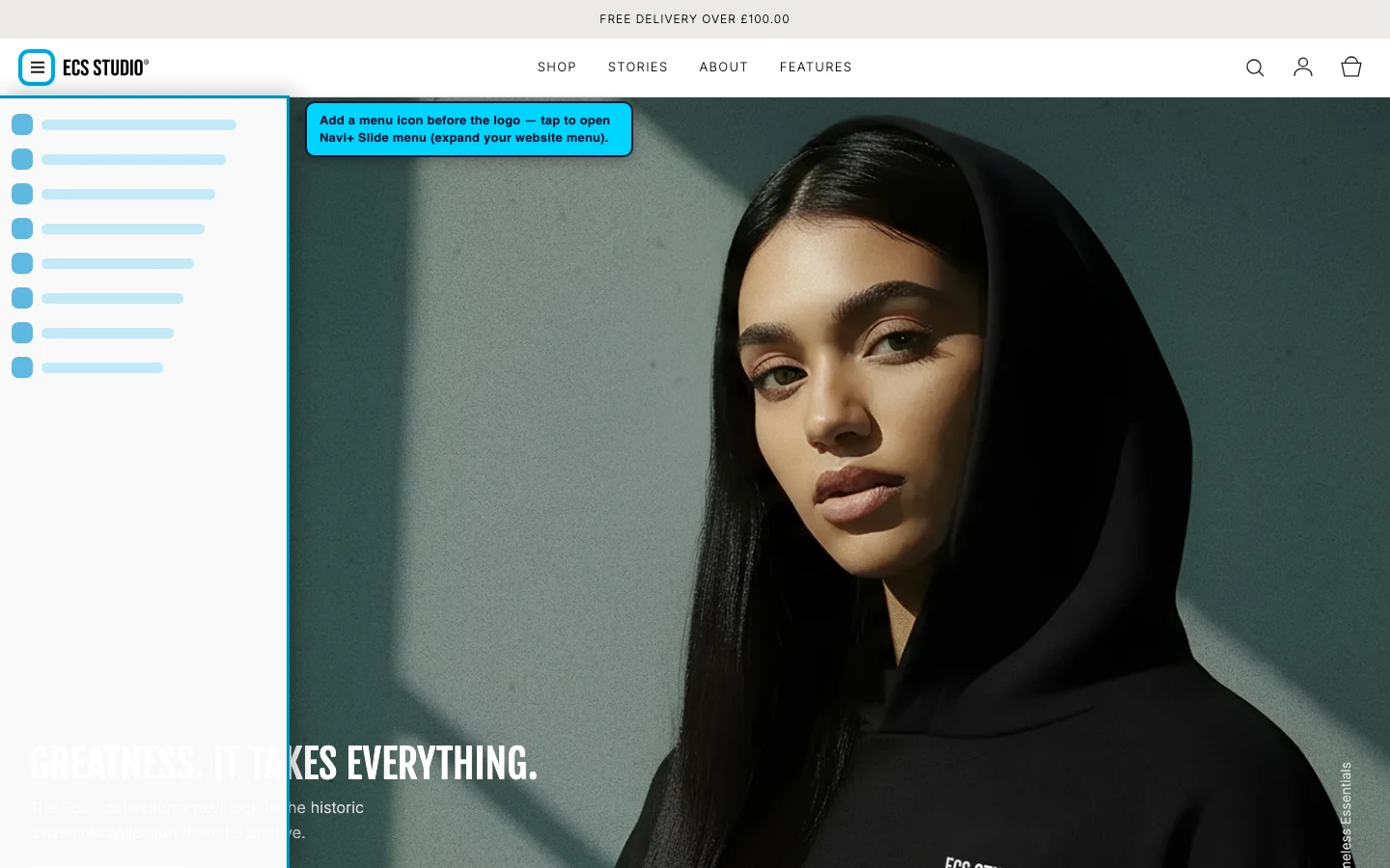 Navi+ trigger icon before the logo on the Carbon Shopify theme Navi+ trigger icon before the logo on the Carbon Shopify theme