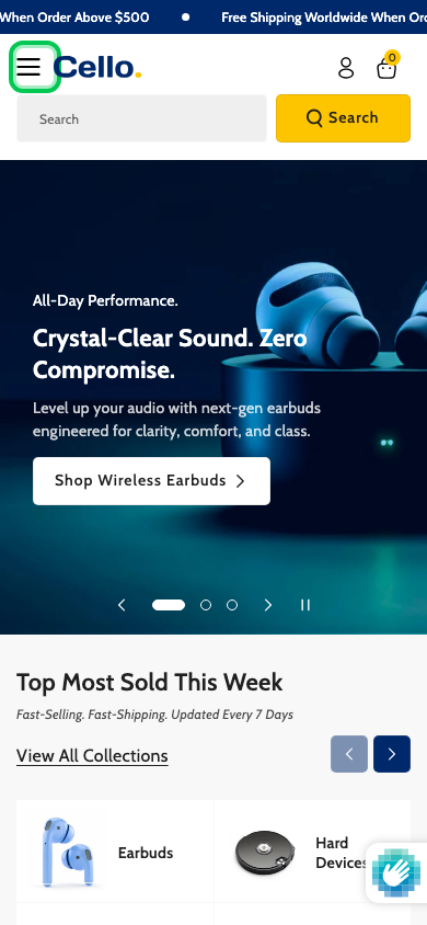 Hamburger → panel opened — Navi+ on the Cello Shopify theme