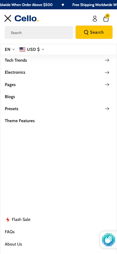 Hamburger → panel opened — Navi+ on the Cello Shopify theme