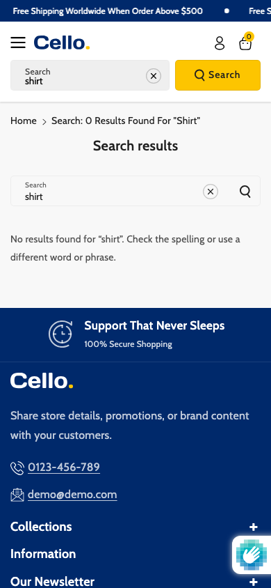 Search → panel opened — Navi+ on the Cello Shopify theme