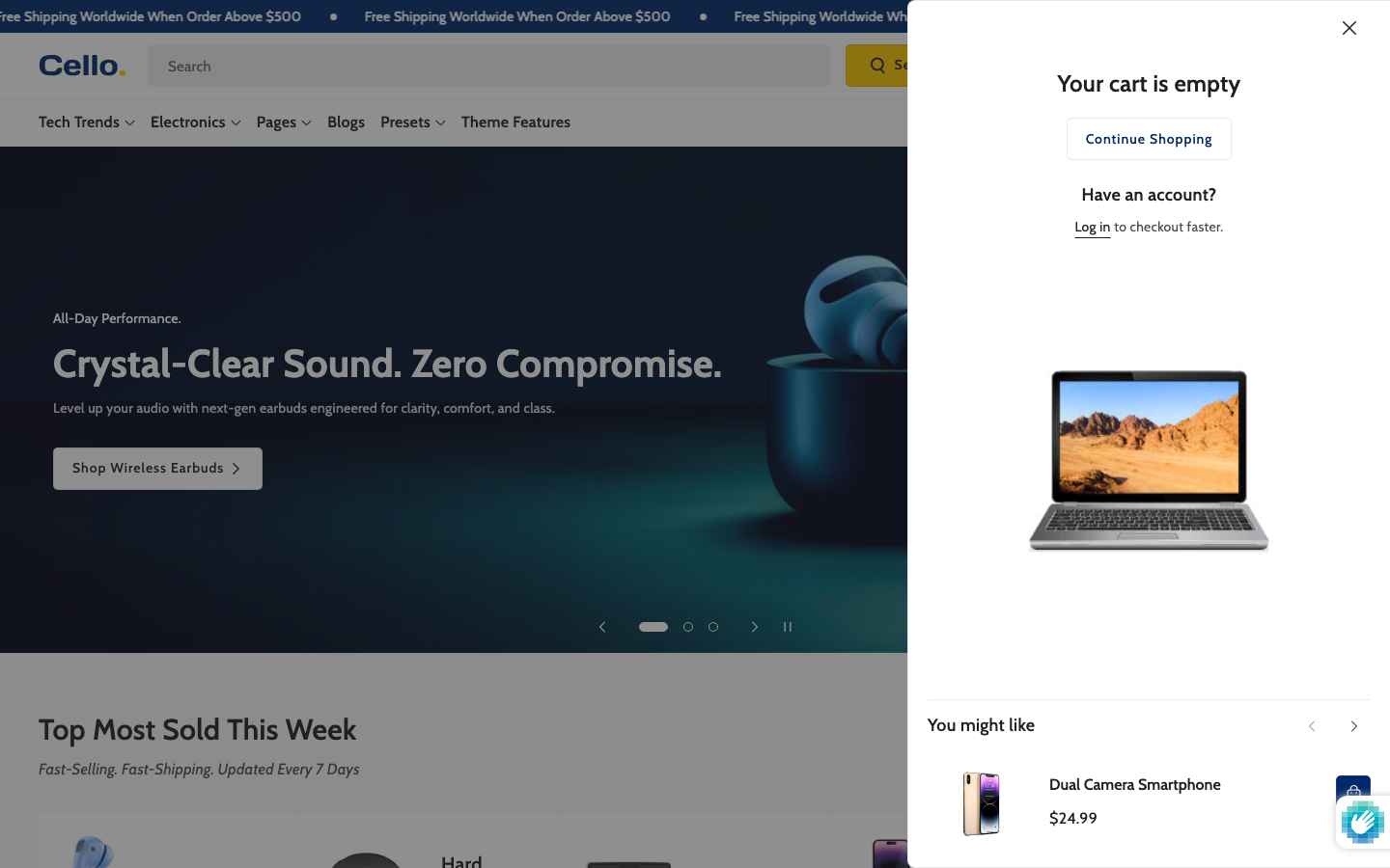 Cart → panel opened — Navi+ on the Cello Shopify theme