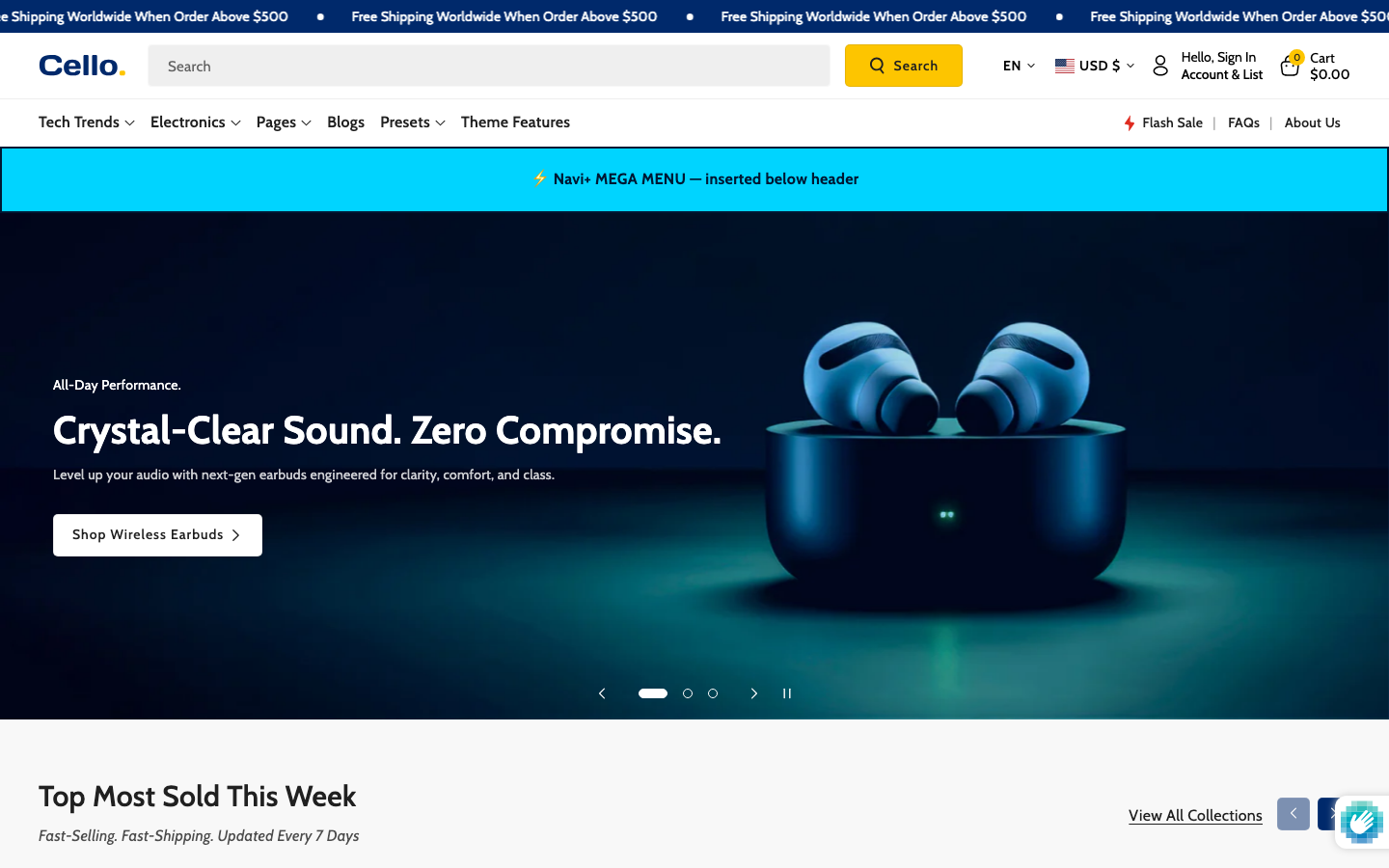 Menu inserted below header — Navi+ on the Cello Shopify theme