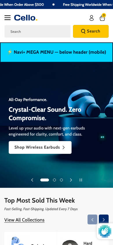 Menu inserted below header — Navi+ on the Cello Shopify theme