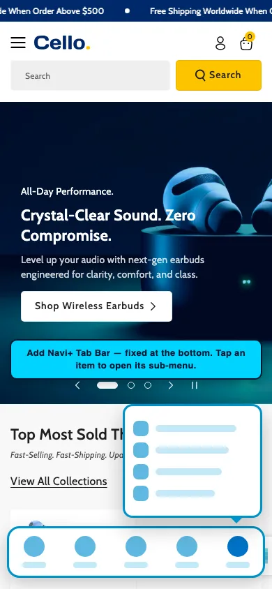 Navi+ Tab Bar on the Cello Shopify theme Navi+ Tab Bar on the Cello Shopify theme