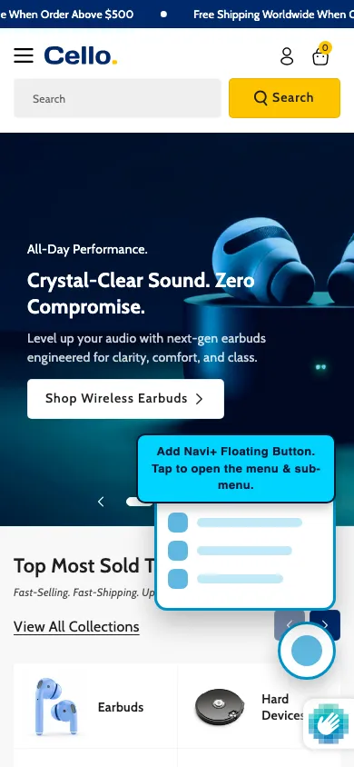 Navi+ FAB on the Cello Shopify theme Navi+ FAB on the Cello Shopify theme