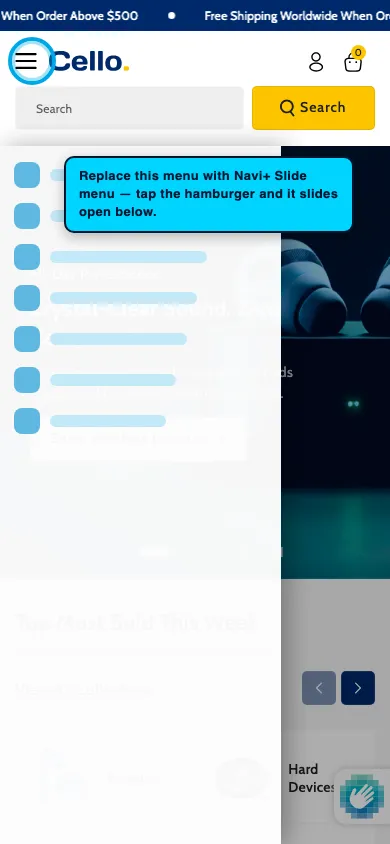 Navi+ Slide Menu on the Cello Shopify theme Navi+ Slide Menu on the Cello Shopify theme