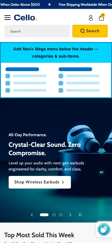 Navi+ mobile Mega Menu on the Cello Shopify theme Navi+ mobile Mega Menu on the Cello Shopify theme