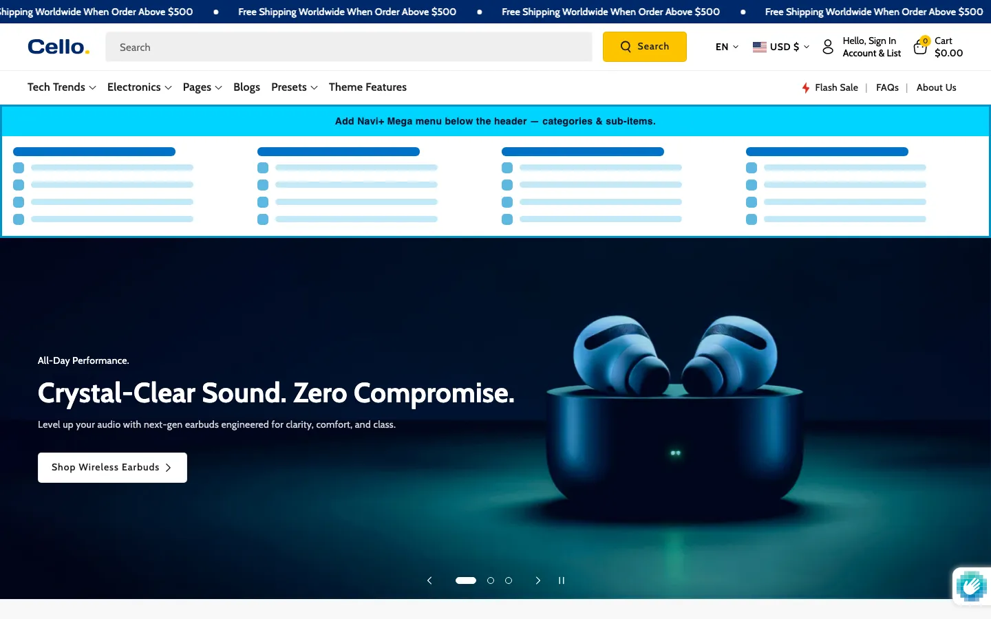 Navi+ Mega Menu inserted below the header on the Cello Shopify theme Navi+ Mega Menu inserted below the header on the Cello Shopify theme