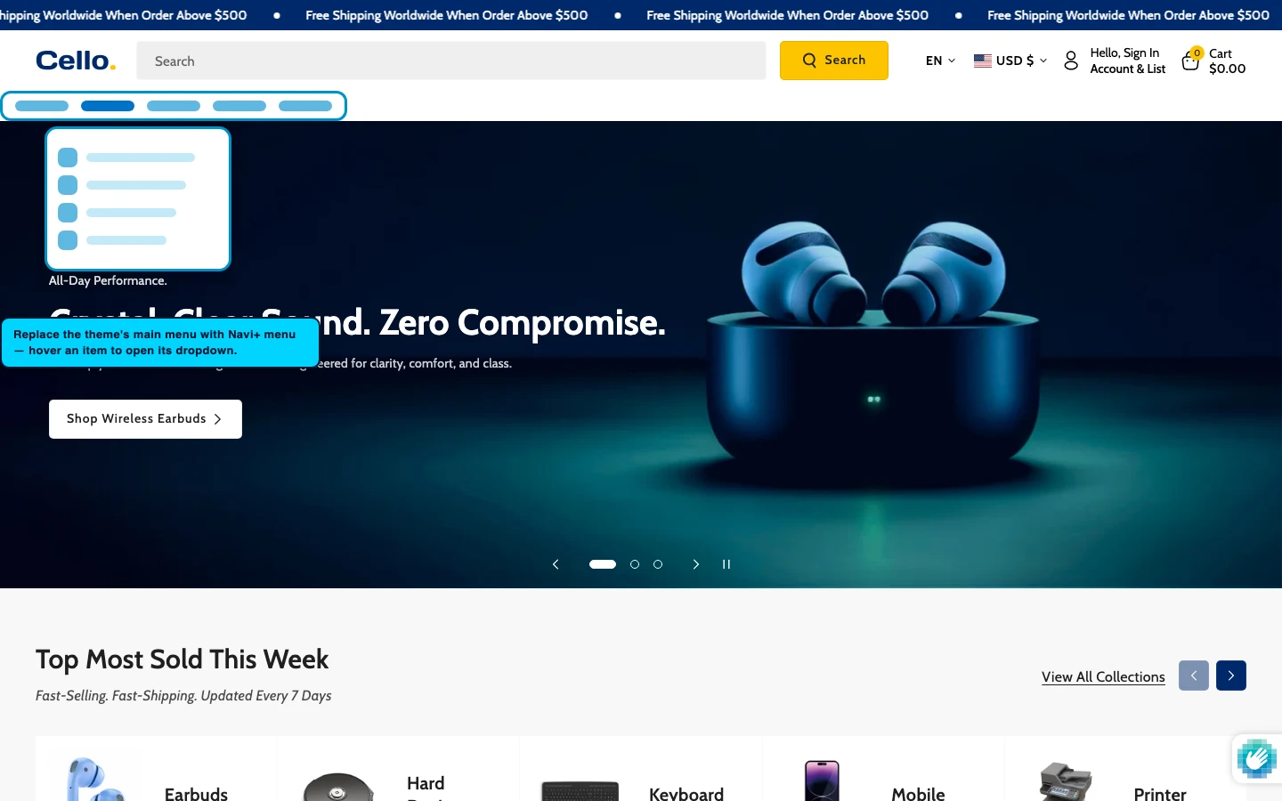 Navi+ Mega Menu replacing the desktop menu on the Cello Shopify theme Navi+ Mega Menu replacing the desktop menu on the Cello Shopify theme