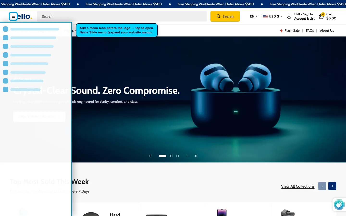Navi+ trigger icon before the logo on the Cello Shopify theme Navi+ trigger icon before the logo on the Cello Shopify theme