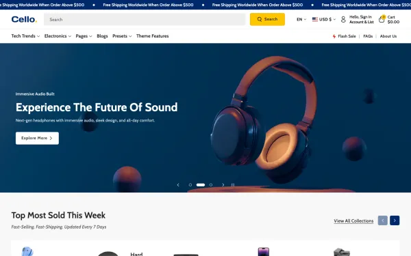 Full-page desktop screenshot of Shopify Cello theme demo store